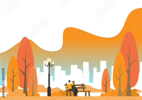 Autumn city park with town buildings on a background. Vector illustration.