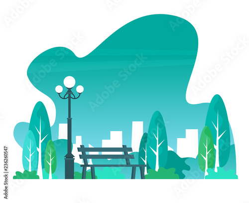 City park with town buildings on a background. Vector illustration.