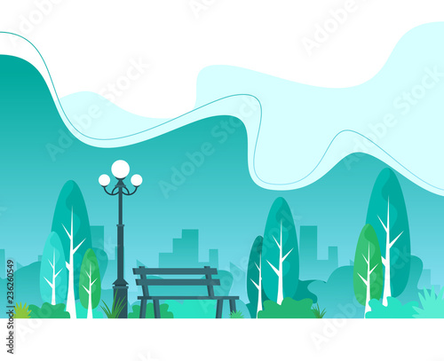 City park with town buildings on a background. Vector illustration.