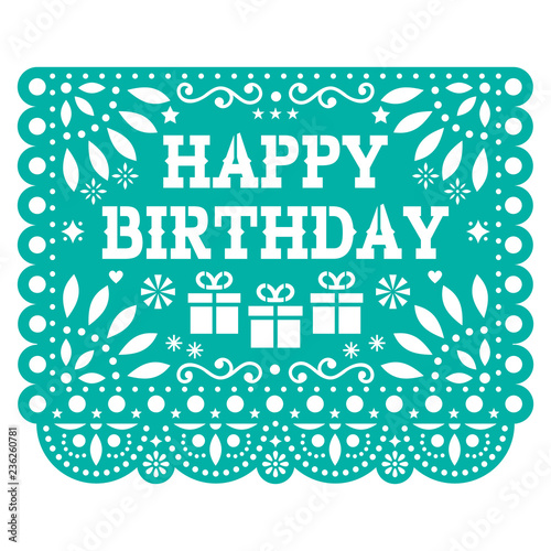 Happy Birthday Papel Picado vector design - Mexican fiesta paper decoration - birthdya party greeting card
 photo