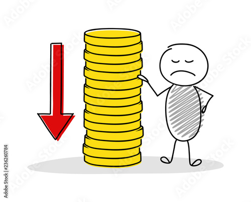 Angry stickman with rising coin stack. Vector.