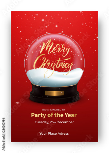 Christmas card. Winter holiday design layout with snow globe and Merry Christmas lettering.