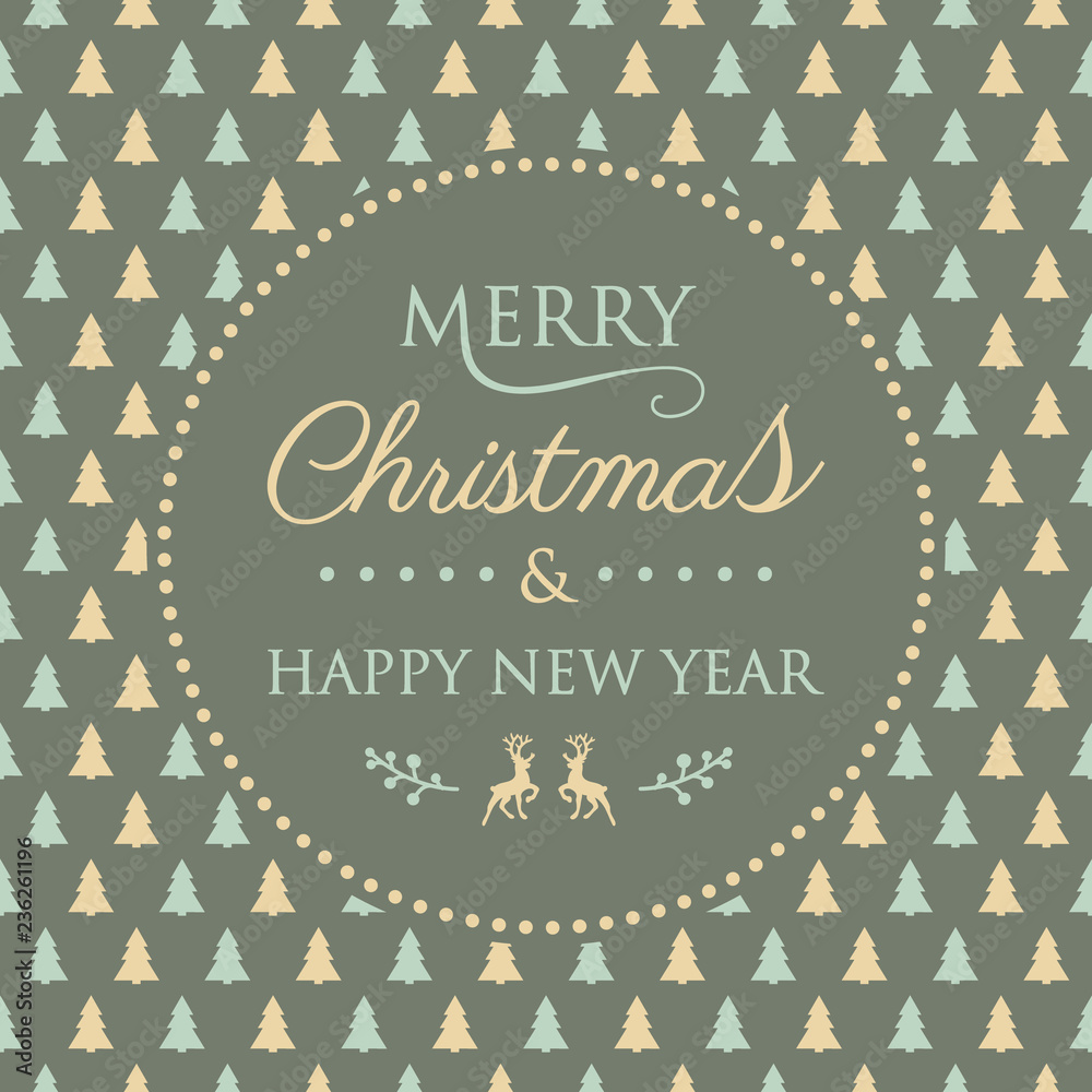 Concept of Christmas greeting card with decorative text and Christmas trees. Vector.