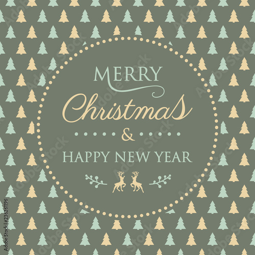 Concept of Christmas greeting card with decorative text and Christmas trees. Vector.