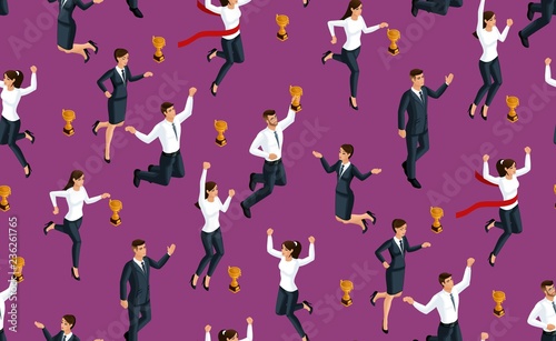 Isometry seamless background  3d business lady and businessmen  jumping and rejoicing  fun receiving a prize  happiness