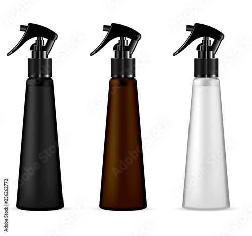 Dispenser spray cosmetic bottle mockup. Realistic 3d container template with pistol cprayer head for different skin or hair care products. 3d vector design pack.