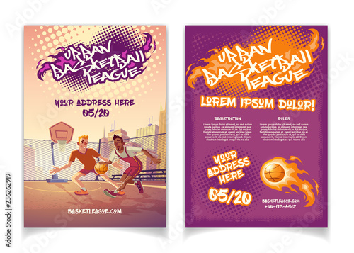 Urban basketball league tournament promo cartoon vector brochure with graffiti lettering text, players play ball on outdoor court or park playground illustration. Street basketball competition flyer