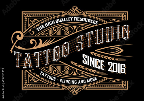Tattoo logo template. Old lettering on dark background with flor
