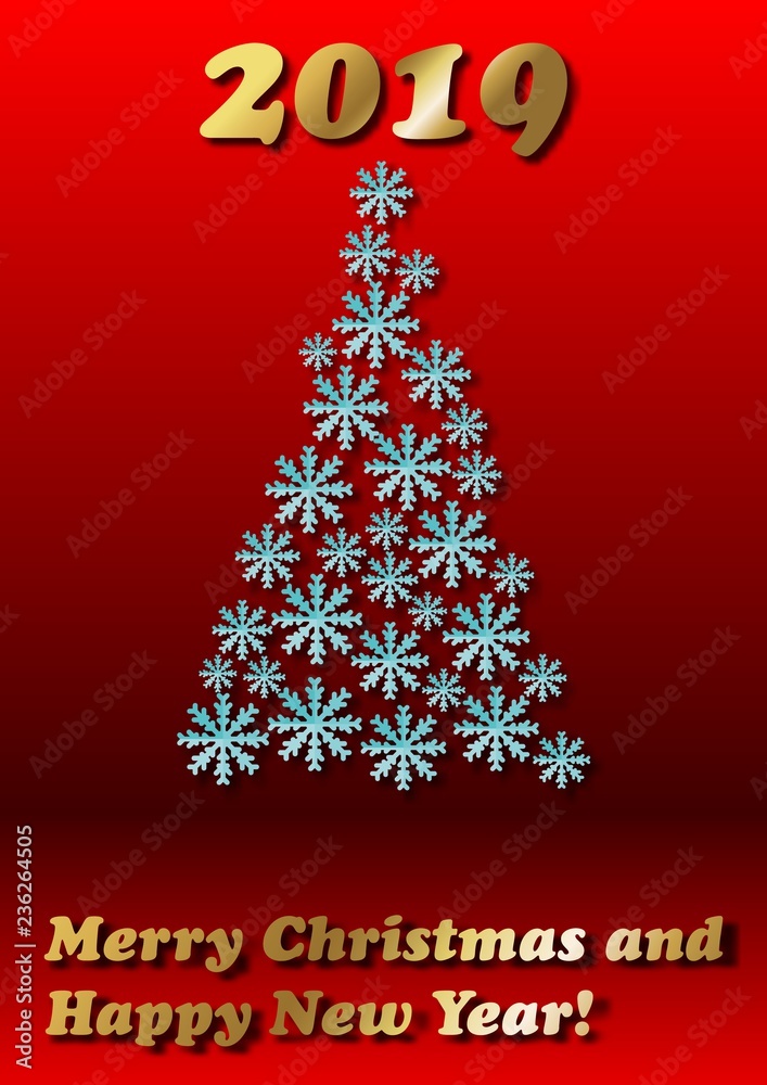 Christmas Tree Red Poster with Snowflakes made of cutout paper stars, A4 size Christmas Tree Red Poster with Snowflakes made of cutout paper stars, A4 size