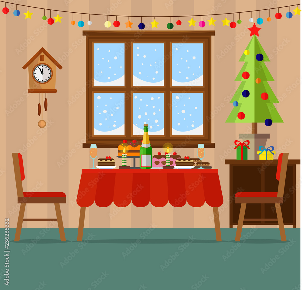Room prepared for the celebration of Christmas and new year with a festive table and treats. Christmas and new year. Winter holidays, vector illustration. Room prepared for the celebration of Christmas and new year with a festive table and treats. Christmas and new year. Winter holidays, vector illustration.