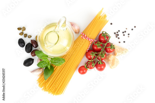 Pasta cooking set. Fresh ingredients for simple pasta recipe with tomatoes and olives.