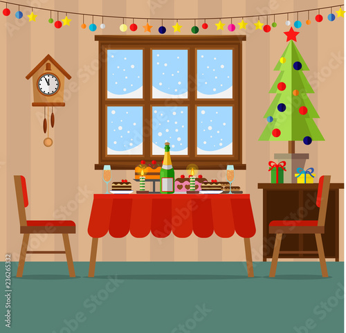 Room prepared for the celebration of Christmas and new year with a festive table and treats. Christmas and new year. Winter holidays  vector illustration.