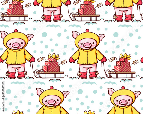 Seamless pattern with cute cartoon pigs