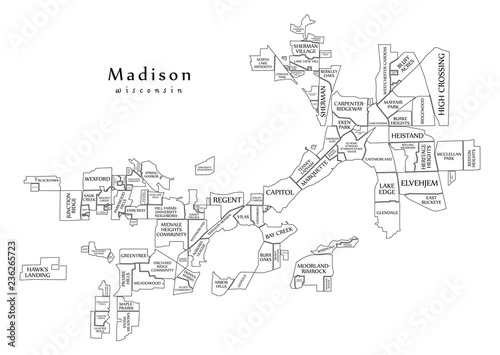 Modern City Map - Madison Wisconsin city of the USA with neighborhoods and titles outline map