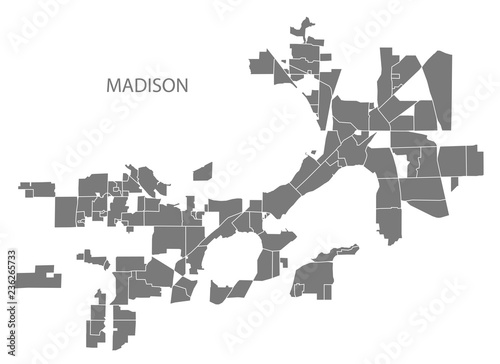 Madison Wisconsin city map with neighborhoods grey illustration silhouette shape