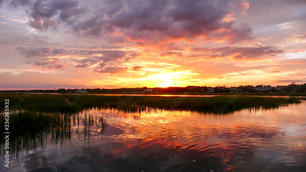 beautiful sunset over marsh grass and coastal ocean waters at high tide with forest in the background
