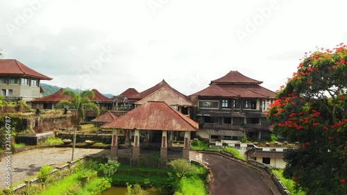 Aerial drone video of abandoned hotel in Bedugul, Bali island.