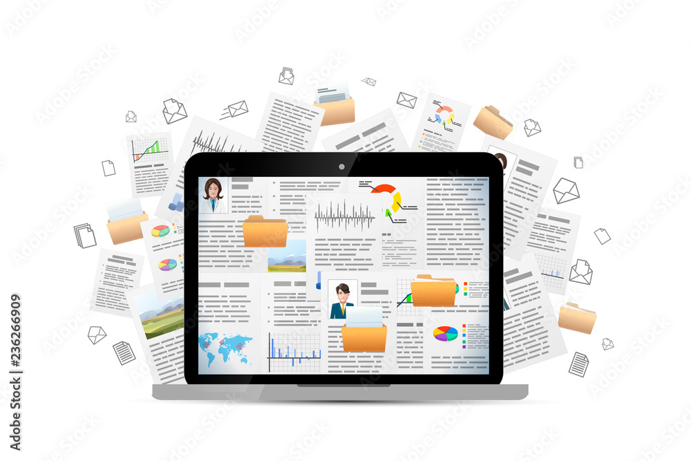 Open laptop with many office documents isolated on white Open laptop with many office documents isolated on white
