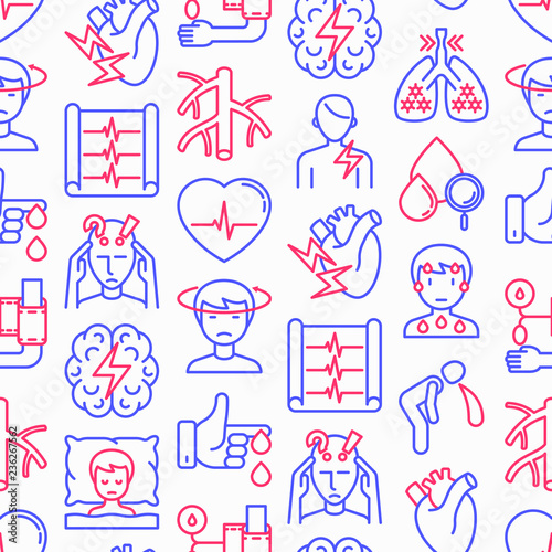 Heart attack symptoms seamless pattern with thin line icons: dizziness, dyspnea, cardiogram, panic attack, weakness, acute pain, cholesterol level, nausea, diabetes. Modern vector illustration.