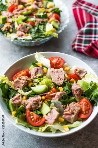 Tuna Fish Salad with Lettuce, Cherry Tomatoes, Cucumber and Corn.