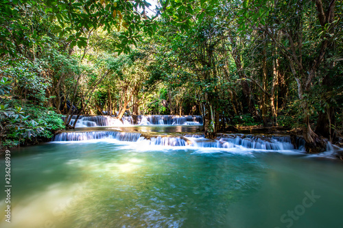 Beautiful of Huai Mae Khamin waterfall at Kanchanaburi  Thailand with tree forest background. Waterfall Floor 2  Mankamin 