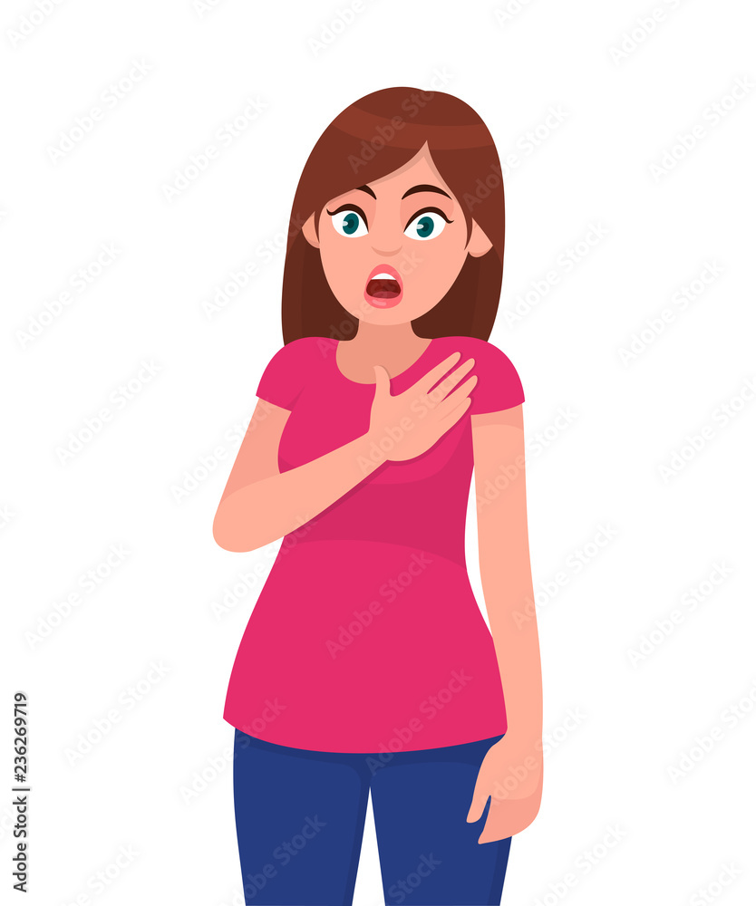 Young attractive shocked woman holds hand on chest. Sick woman with heart attack, pain, health problem holding touching her chest with hands. Human emotion concept illustration in vector cartoon flat. Young attractive shocked woman holds hand on chest. Sick woman with heart attack, pain, health problem holding touching her chest with hands. Human emotion concept illustration in vector cartoon flat.