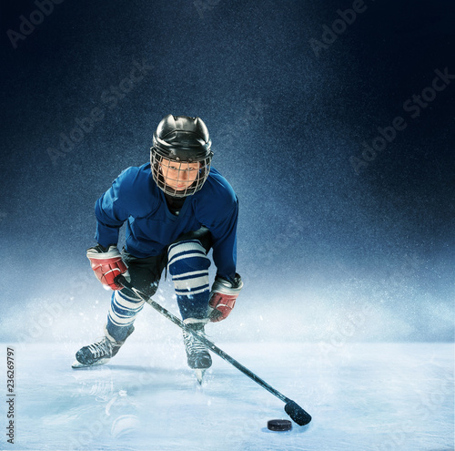 Canvas Print Little boy playing ice hockey at arena