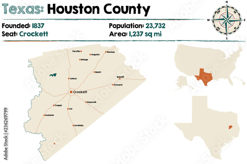 Detailed map of Houston County in Texas, USA