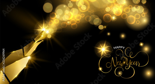 New Year gold champagne bottle greeting card