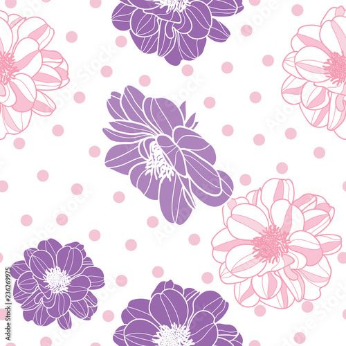 Vector purple & pink flowers with polka dot background  seamless repeat pattern. great for retro fabric, wallpaper, scrapbooking projects. Surface pattern design.
