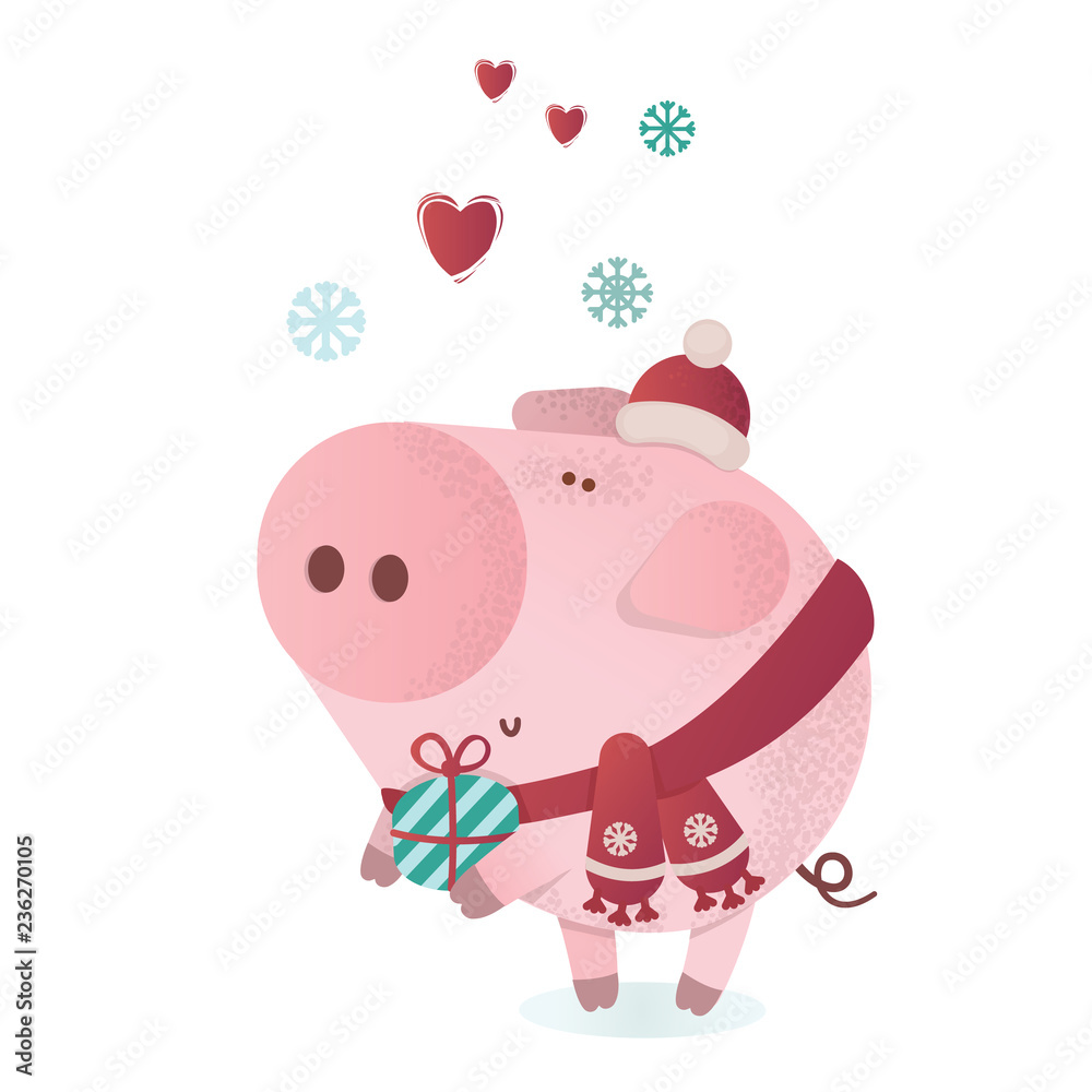 Cute piggy character in a winter scarf with a present.