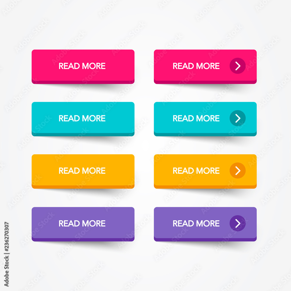 Read More colorful 3d button set on white background. Flat line button collection. Vector web element