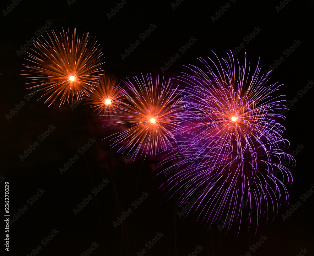 Colorful amazing fireworks isolated in dark background close up with the place for text, Malta, fireworks festival, 4 of July, Independence day, New Year, explode