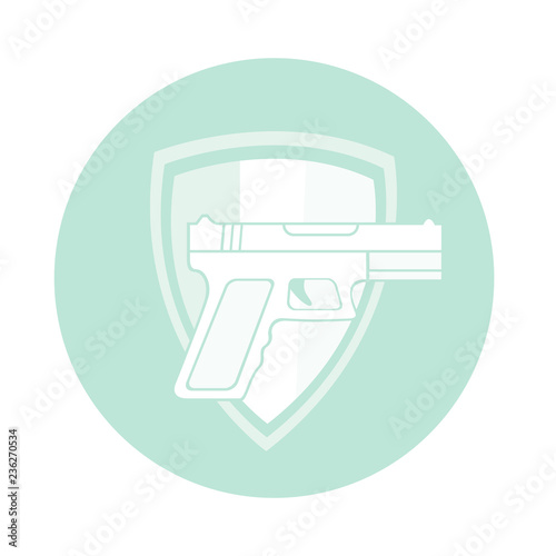 Gun on shield icon. Vector gun icon. Pistol symbol. Protection icon