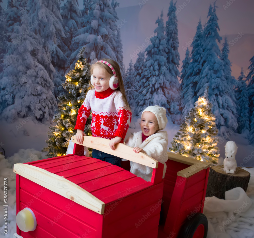children on the background of Christmas decorations
