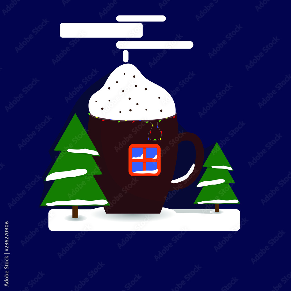 Winter is coming.Abstract house in the shape of a Cup, window, Christmas trees, garland.Dark blue background.Vector illustration Winter is coming.Abstract house in the shape of a Cup, window, Christmas trees, garland.Dark blue background.Vector illustration