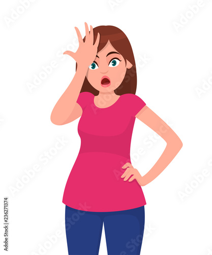 Young woman shocked with hand on head for mistake, remember error. Forgot, bad memory. Human emotion and body language concept illustration in vector cartoon flat style.