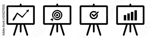 Flat icon set: Panels with different success icons / black and white, vector, isolated
