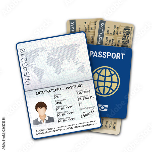 International passport and airline boarding pass ticket. Female passport template with biometric data identification and sample of photo, signature and other personal data. Vector illustration