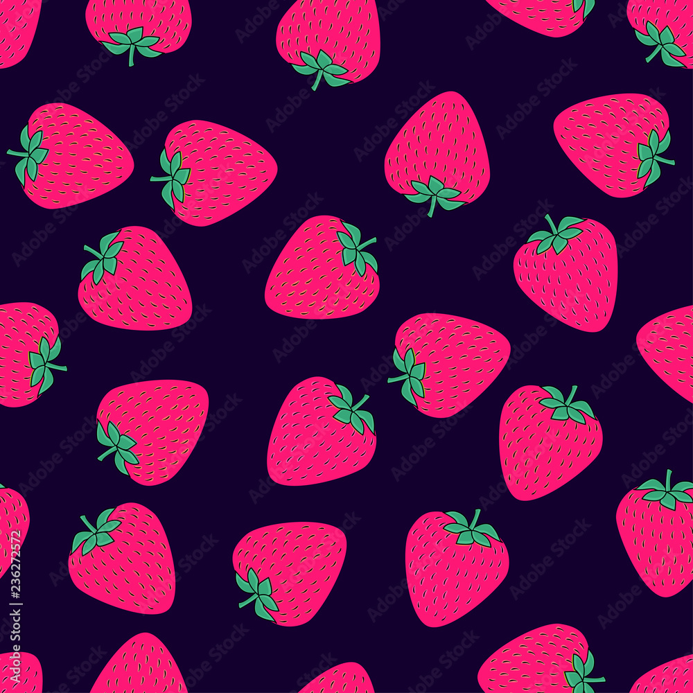 Seamless pattern with juicy strawberries on black background. Cute vector  background. Bright summer fruits illustration. Fruit mix design for fabric  and  wallpaper for textile and fabric. Stock Vector | Adobe Stock