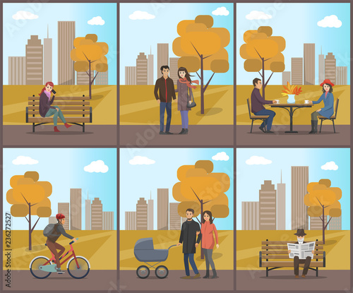 Autumn Period City Park and Trees Fall Set Vector