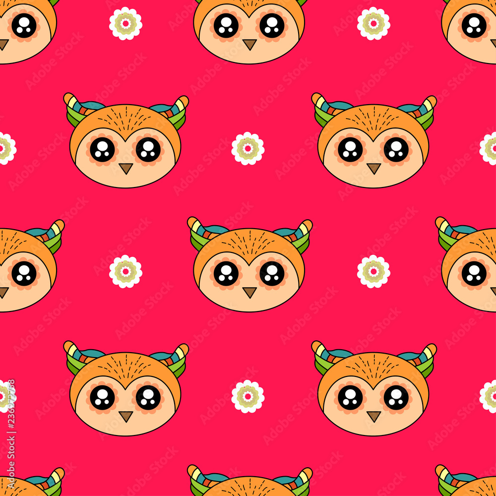 Cute kids owl pattern for girls and boys. Colorful owl on the abstract background create a fun cartoon drawing. The pattern is made in neon colors. Urban owl pattern for textile and fabric.