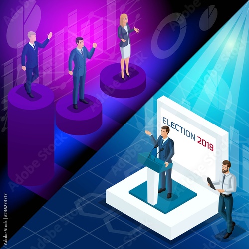 Isometry is the angular concept of advertising presidential candidates. Dispute, debate, ratings. 3d men and women on the background of diagrams