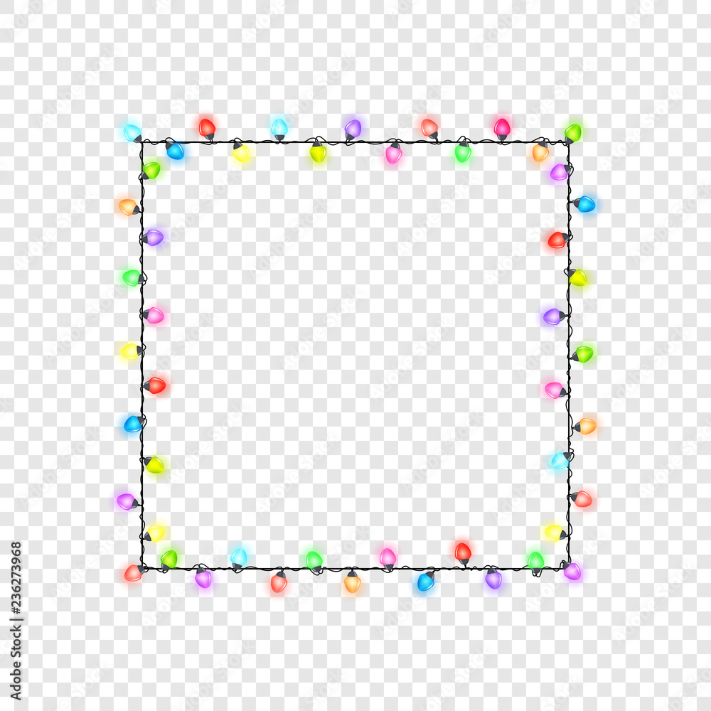Square festive colored glowing garland, light bulbs without background , Christmas decorations, Vector illustration Square festive colored glowing garland, light bulbs without background , Christmas decorations, Vector illustration