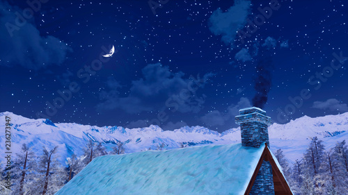 Snow covered roof and smoking chimney of rural house high in alpine mountains at peaceful winter night with half moon in the starry sky. 3D illustration.