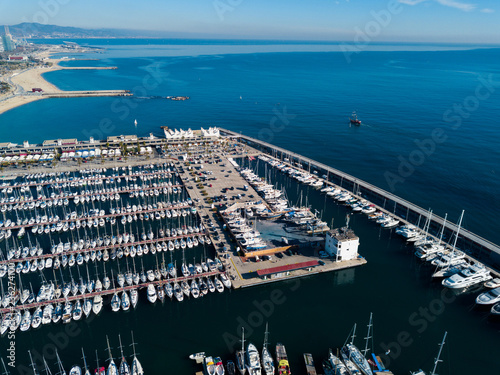 View from drone of ports of Barcelona, Spain