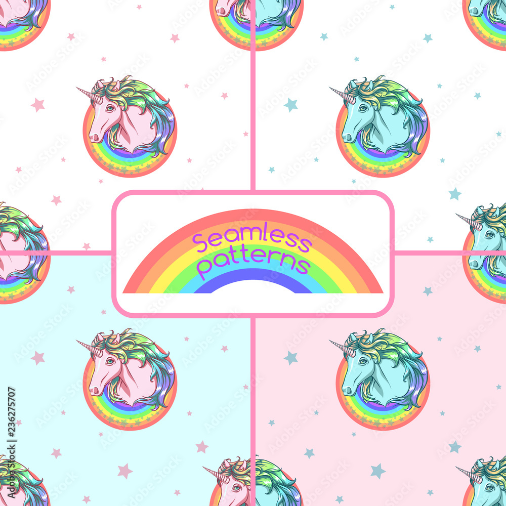 Rainbow unicorns. Seamless patterns. Rainbow unicorns. Seamless patterns.