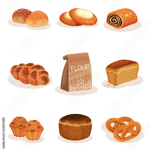 Fresh baked bread and bakery pastry products set, braided loaf, bun, cheesecake, pretzel muffins vector Illustration on a white background