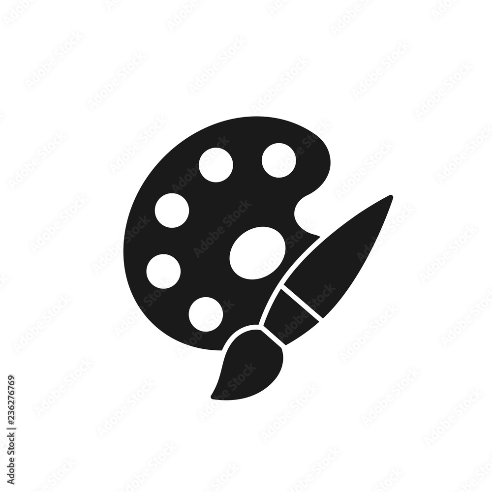 Black isolated icon of palette with paintbrush on white background. Silhouette of palette with paint brush. Flat design. Black isolated icon of palette with paintbrush on white background. Silhouette of palette with paint brush. Flat design.