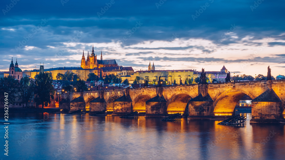 Vltava river and Charles bridge in Prague, Czech Republic